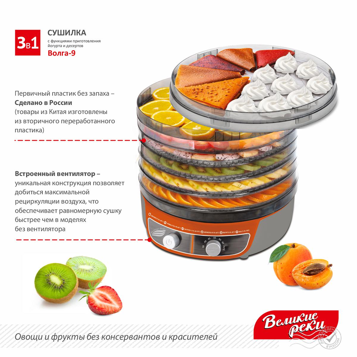 Сушилка для овощей 3в1 с функциями приготовления йогурта и десертов + поддон для пастилы в подарок Великие Реки Волга-9 серо-оранжевая